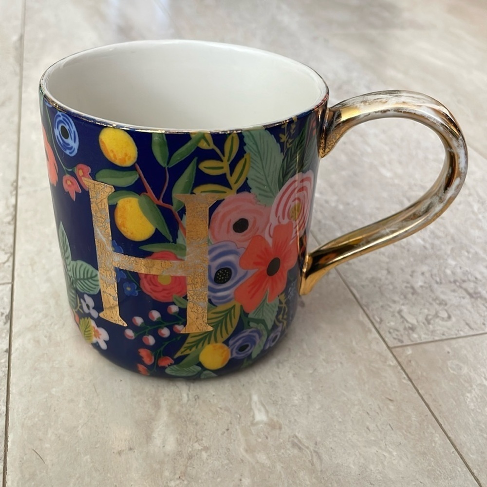 Anthropologie Rifle Paper Co. Floral "H" Coffee Mug Boho Colorful